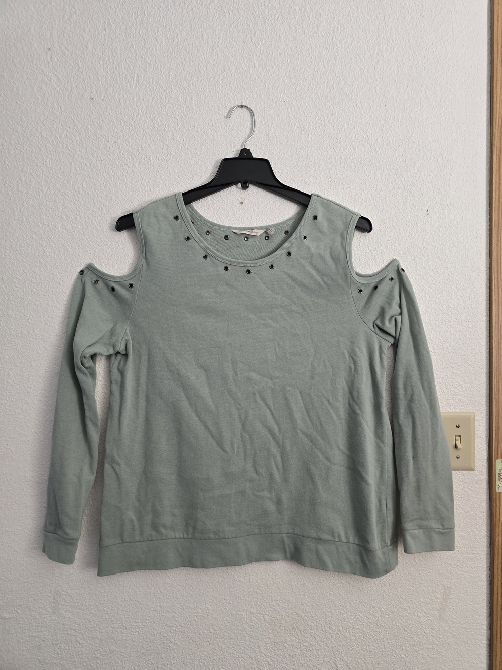 Soft Surroundings Mint Green Cold-Shoulder Studded Sweatshirt
